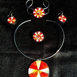 Necklace Ring Earrings Bracelet Set Abalone Red